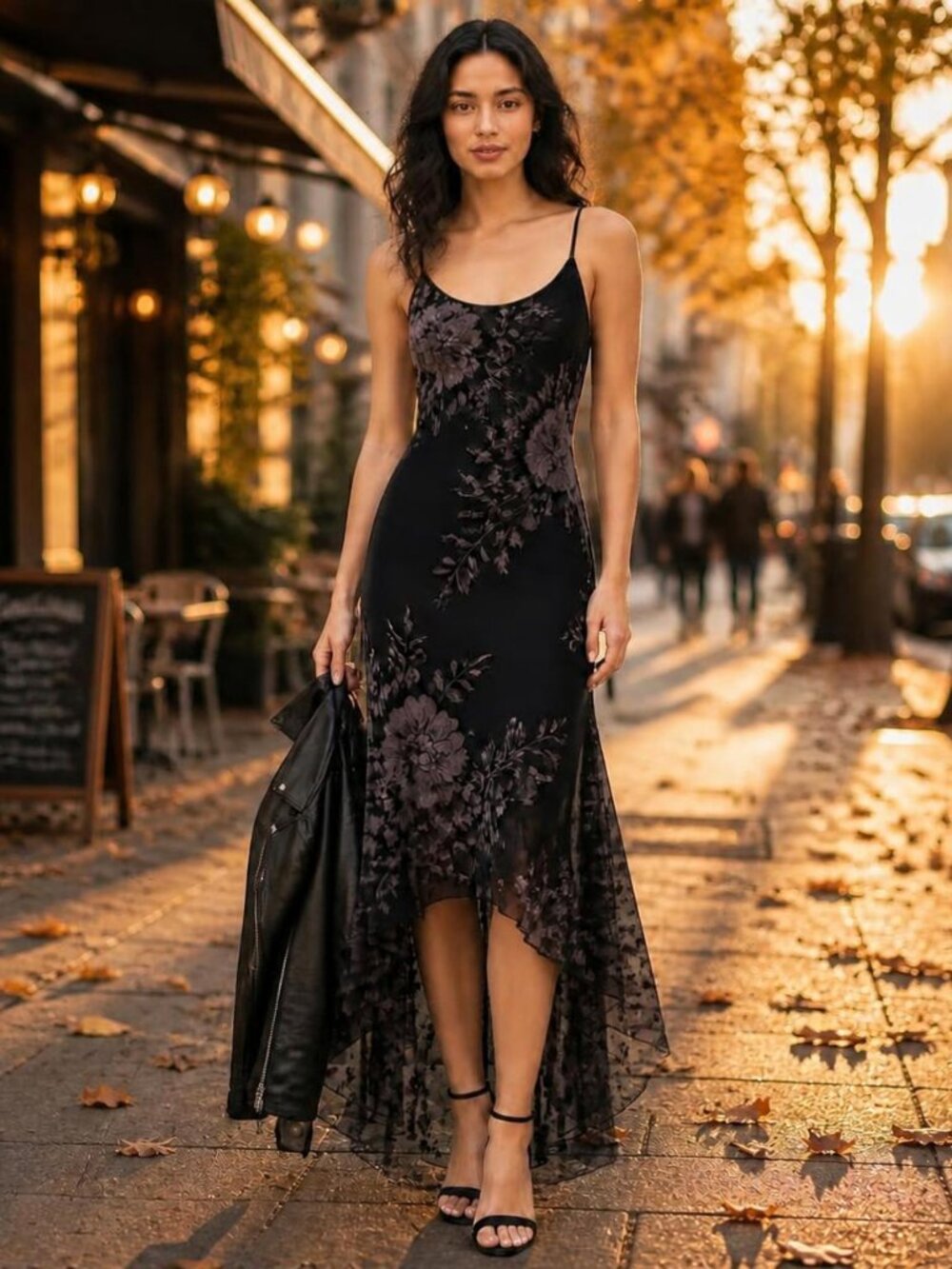 NWT Thirty Thirty LA Black Mesh Velvet Floral Burnout Slip Maxi Dress High Low S